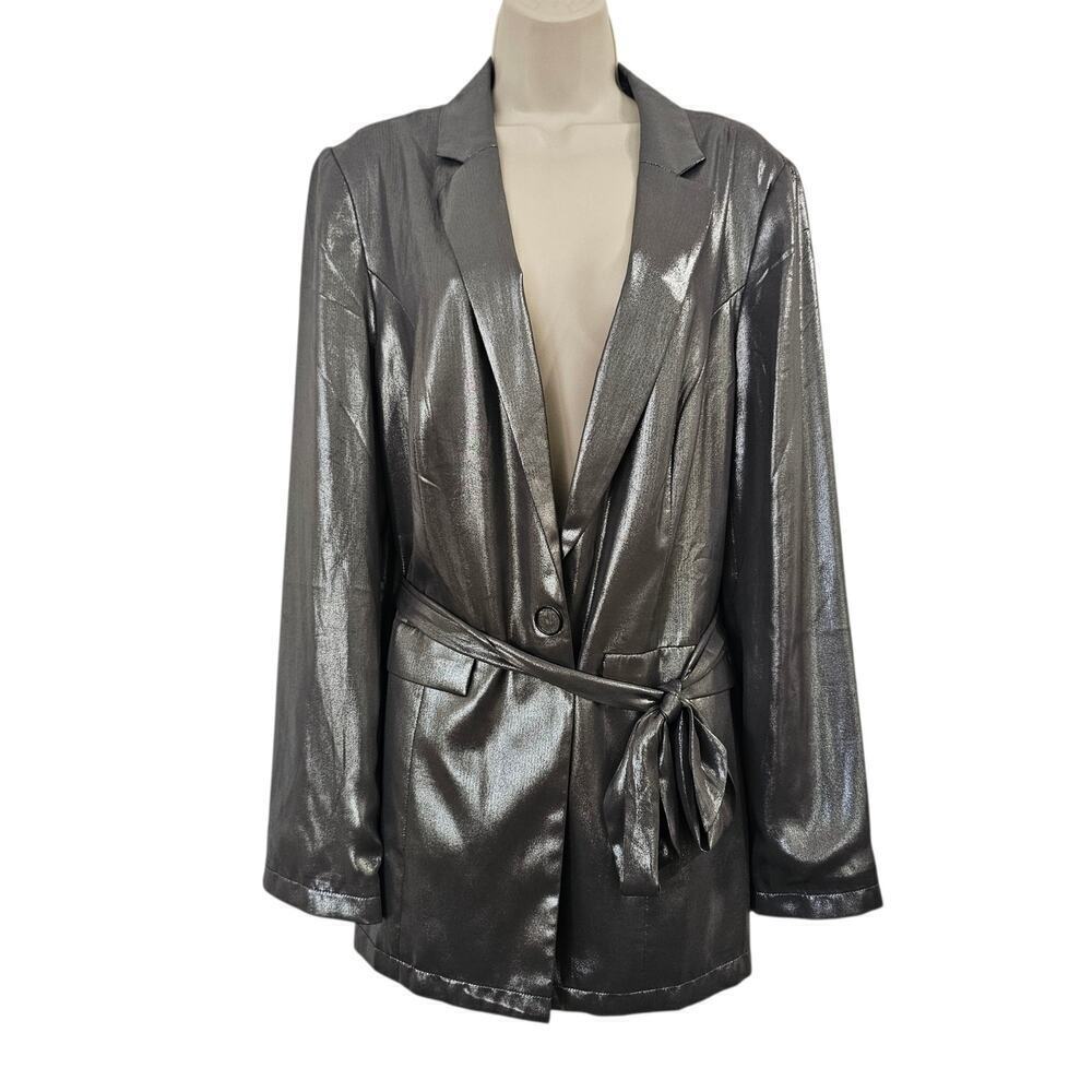 MAEVE ANTHRO Zada Metallic Blazer Silver Size 14